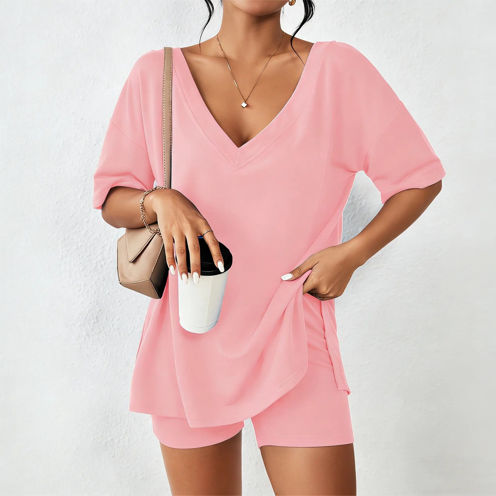LilyCurve V-Neck Two-Piece Pajama Set - Oversized Split Hem Shirt & Biker Shorts - Orange Pink - View 6