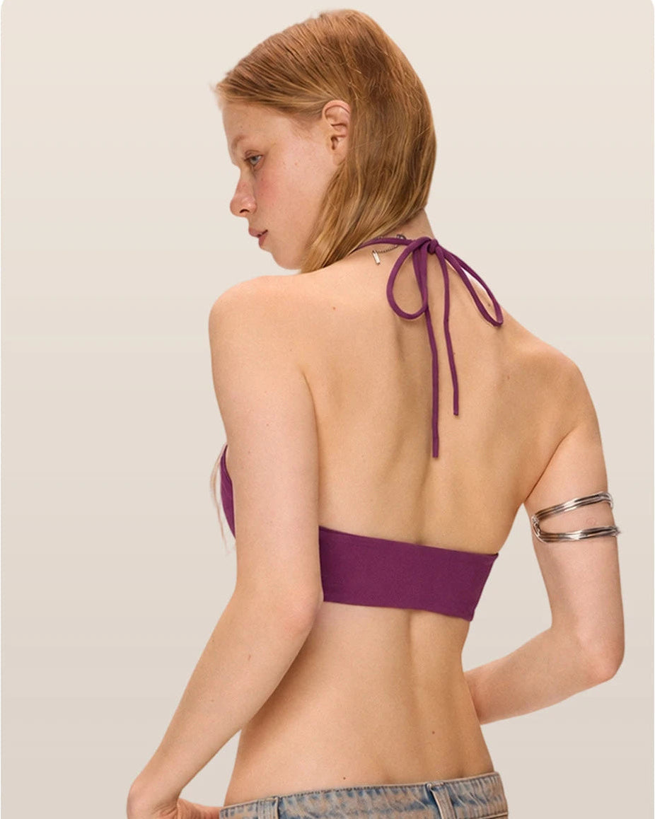 Wireless Triangle Plunge Bra Halter Open Back Backless Tie Bandeau
