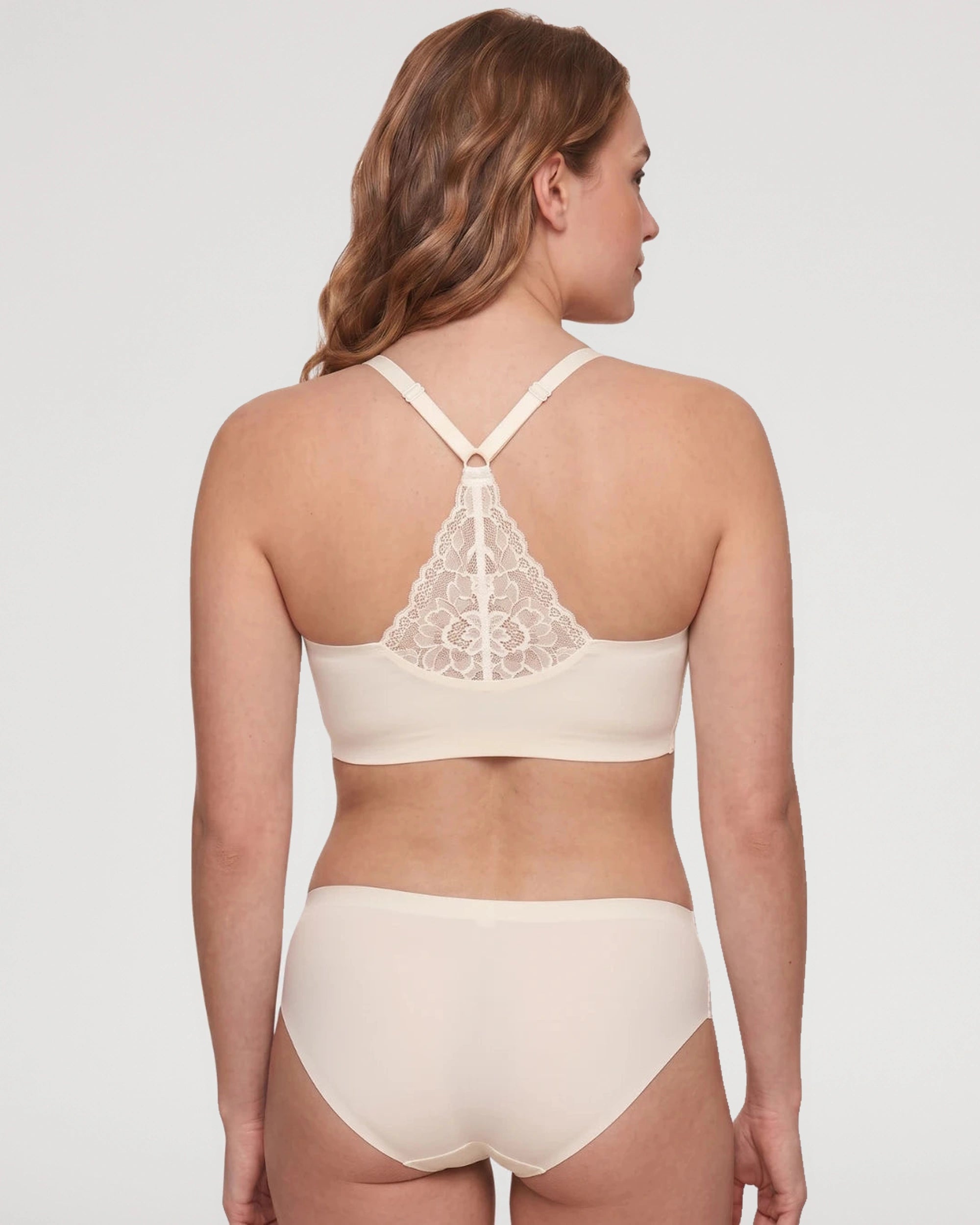 Front fit view of the Lace Back Deep V Wireless Jelly Bralette | LilyCurve