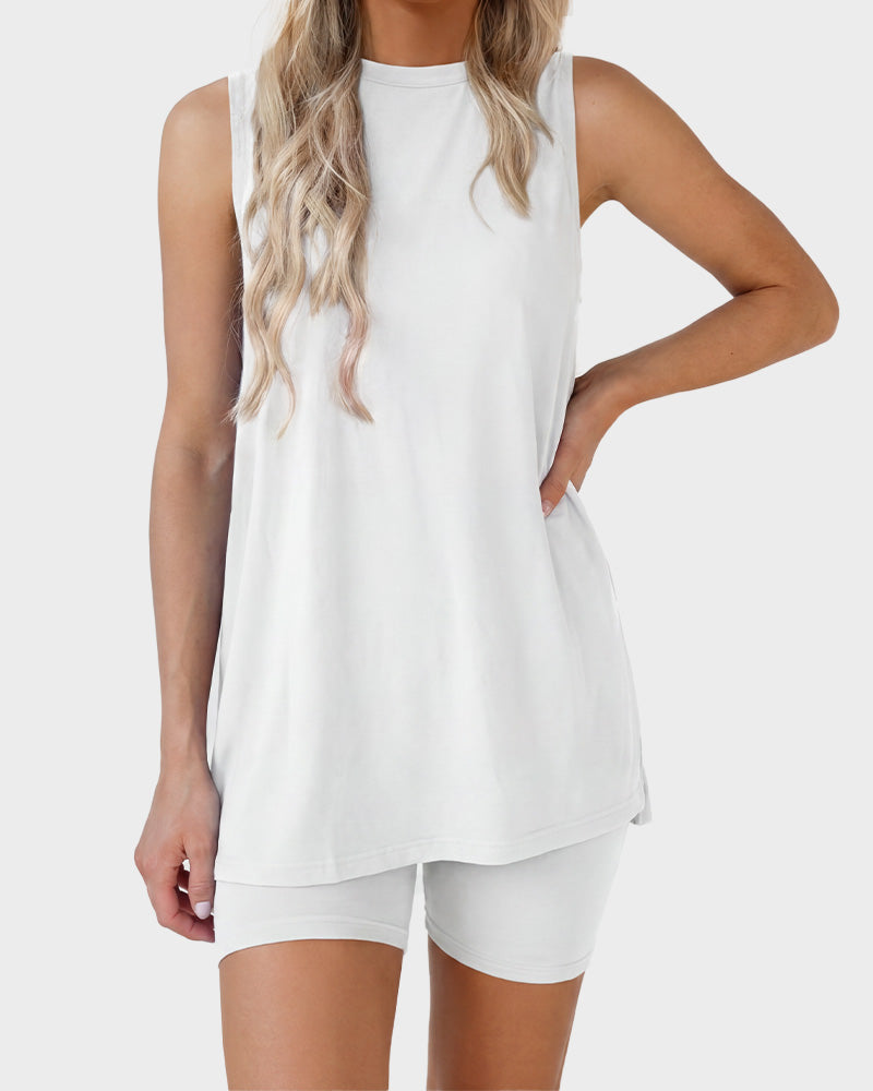 2 Piece Sleeveless Lounge Set with Biker Shorts - White