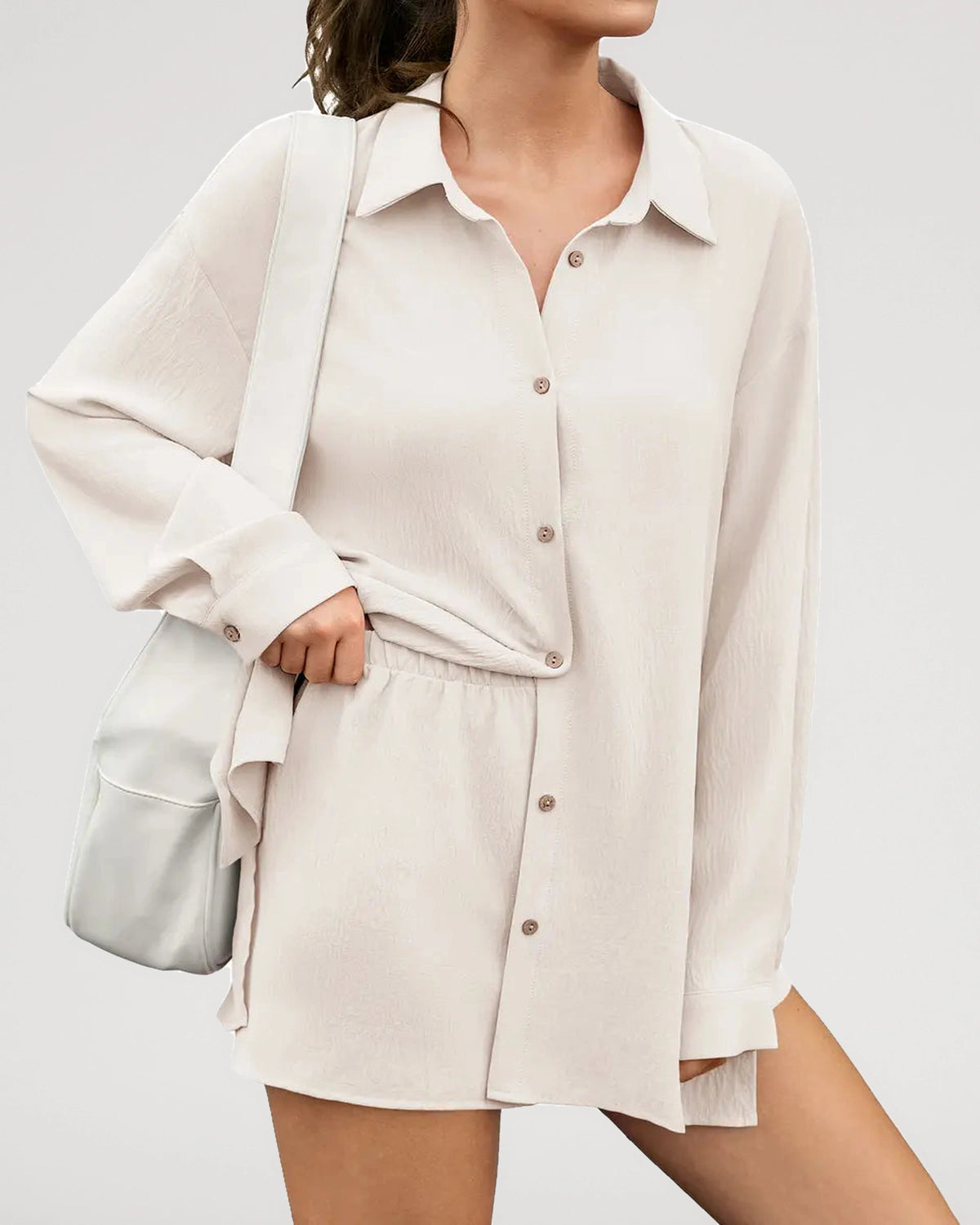 Front fit view of the Textured Oversized Button Down Shirt And Shorts Set | LilyCurve