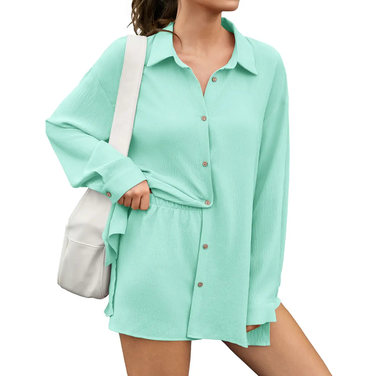 LilyCurve Gauze Shirt & Shorts 2-in-1 Button Connected Set - Black