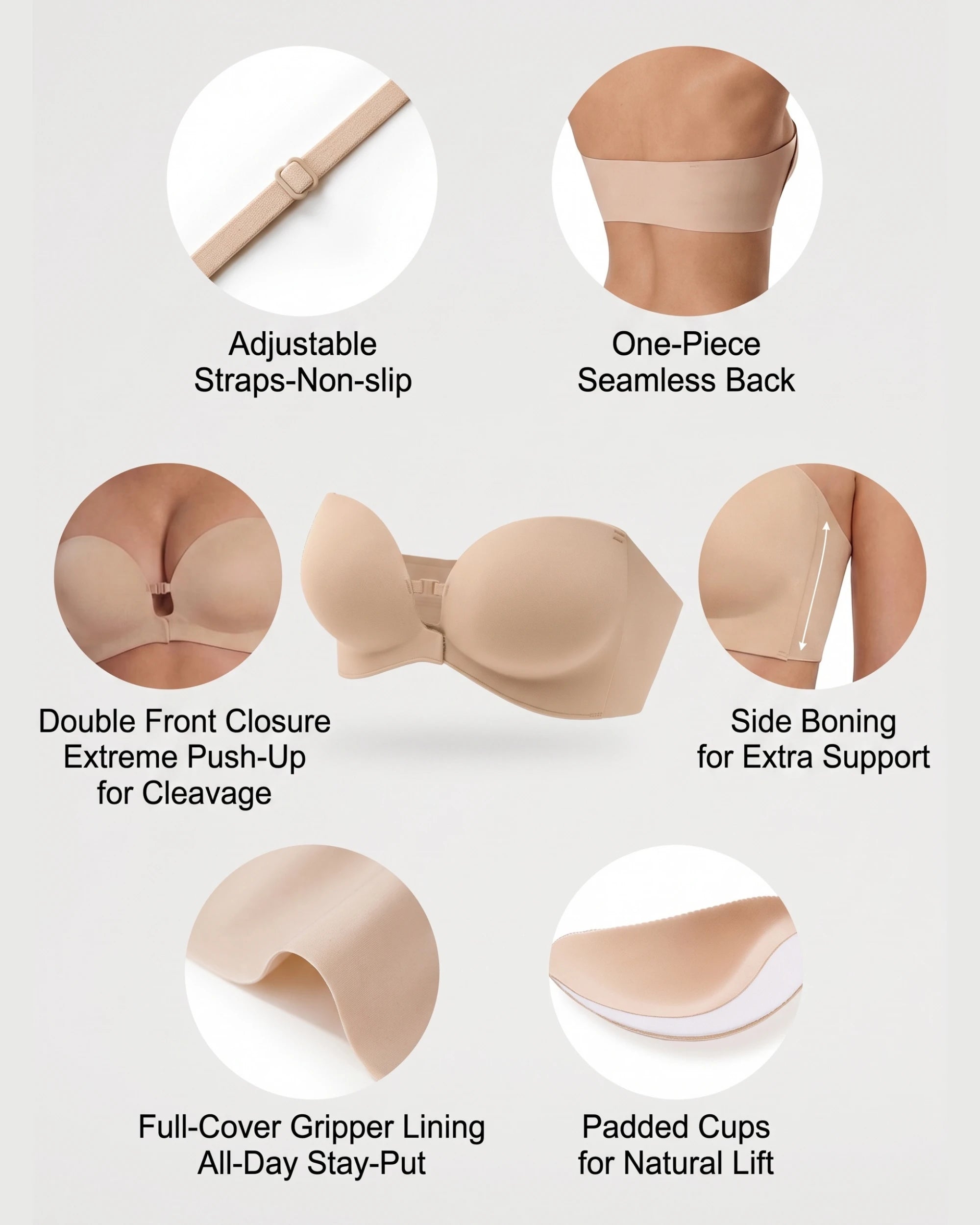 Soutien-gorge sans bretelles rembourré, sans armatures, à fermeture avant