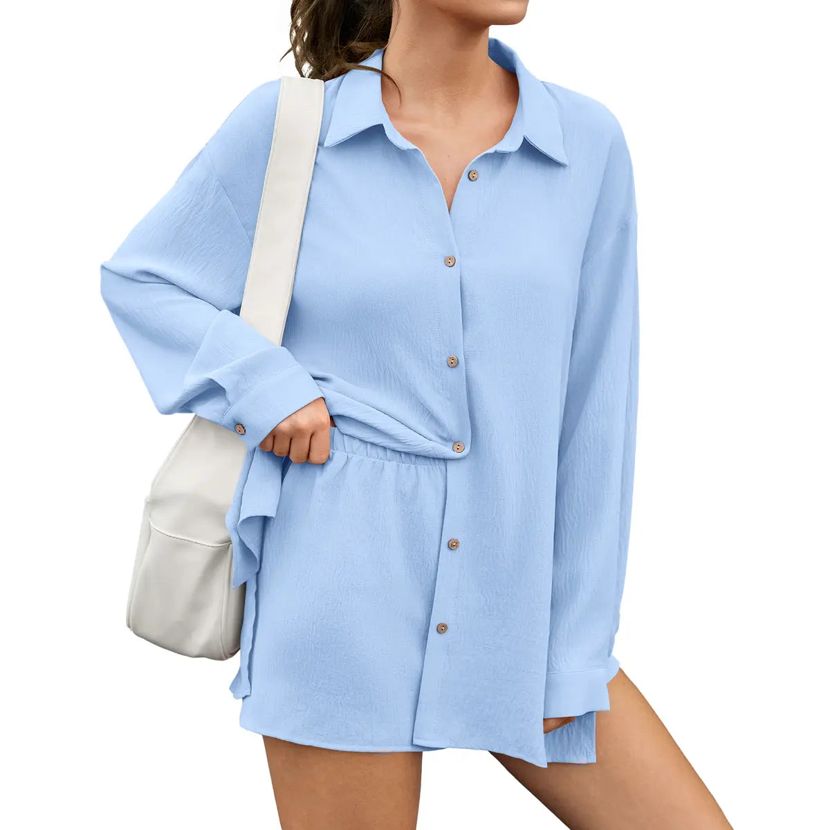 LilyCurve Gauze Shirt & Shorts 2-in-1 Button Connected Set - White