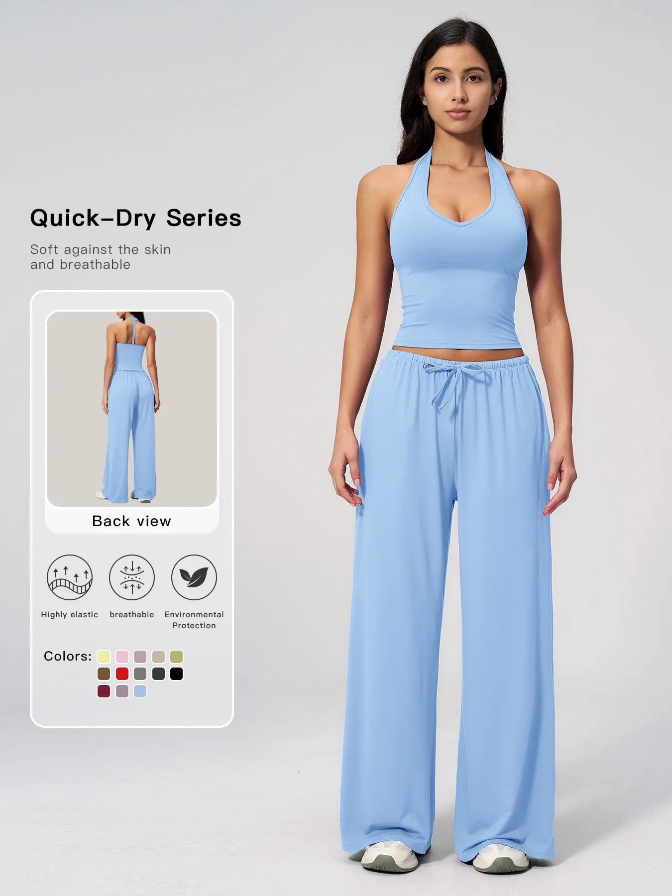 LilyCurve Halter Neck Top & Wide Leg Pants Sports Set - Coral Pink