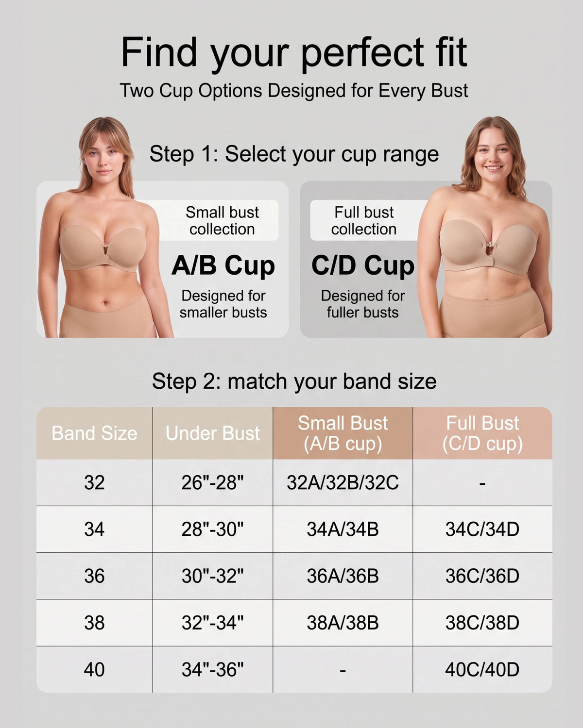 Soutien-gorge sans bretelles rembourré, sans armatures, à fermeture avant