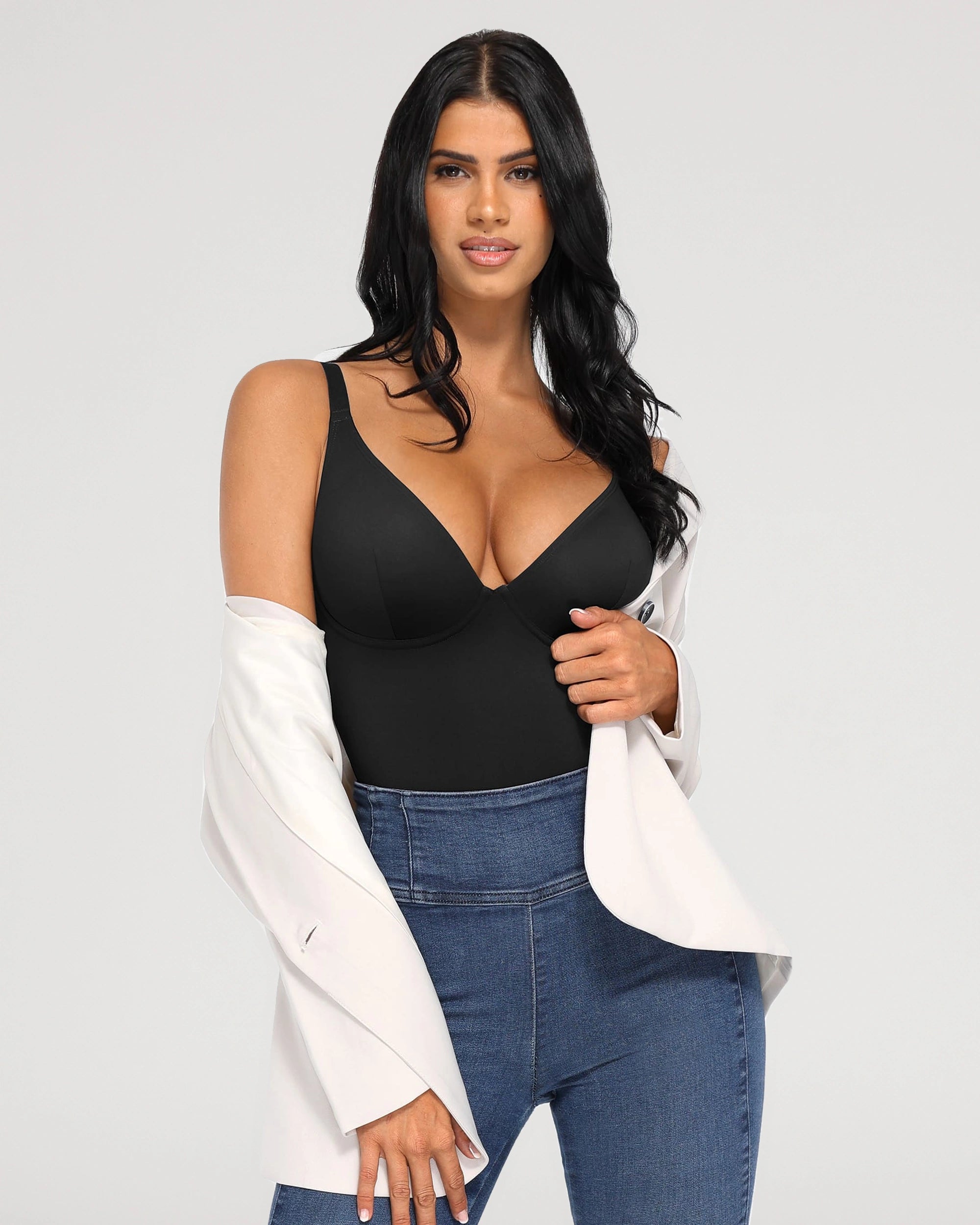 Studio fit image for the V Neck Tummy Control Sculpt Bodysuit | LilyCurve