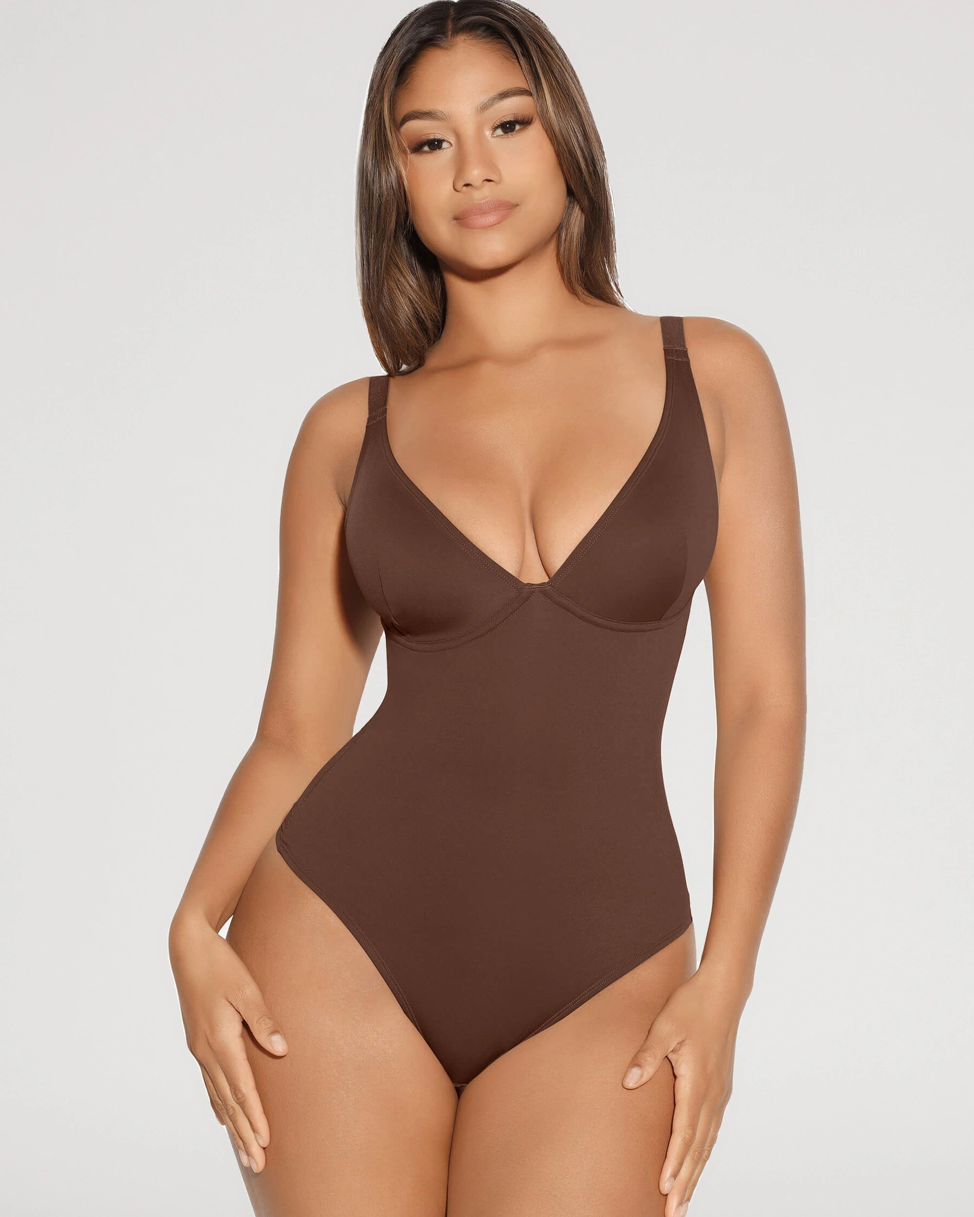 Soft contour view of the V Neck Tummy Control Sculpt Bodysuit | LilyCurve
