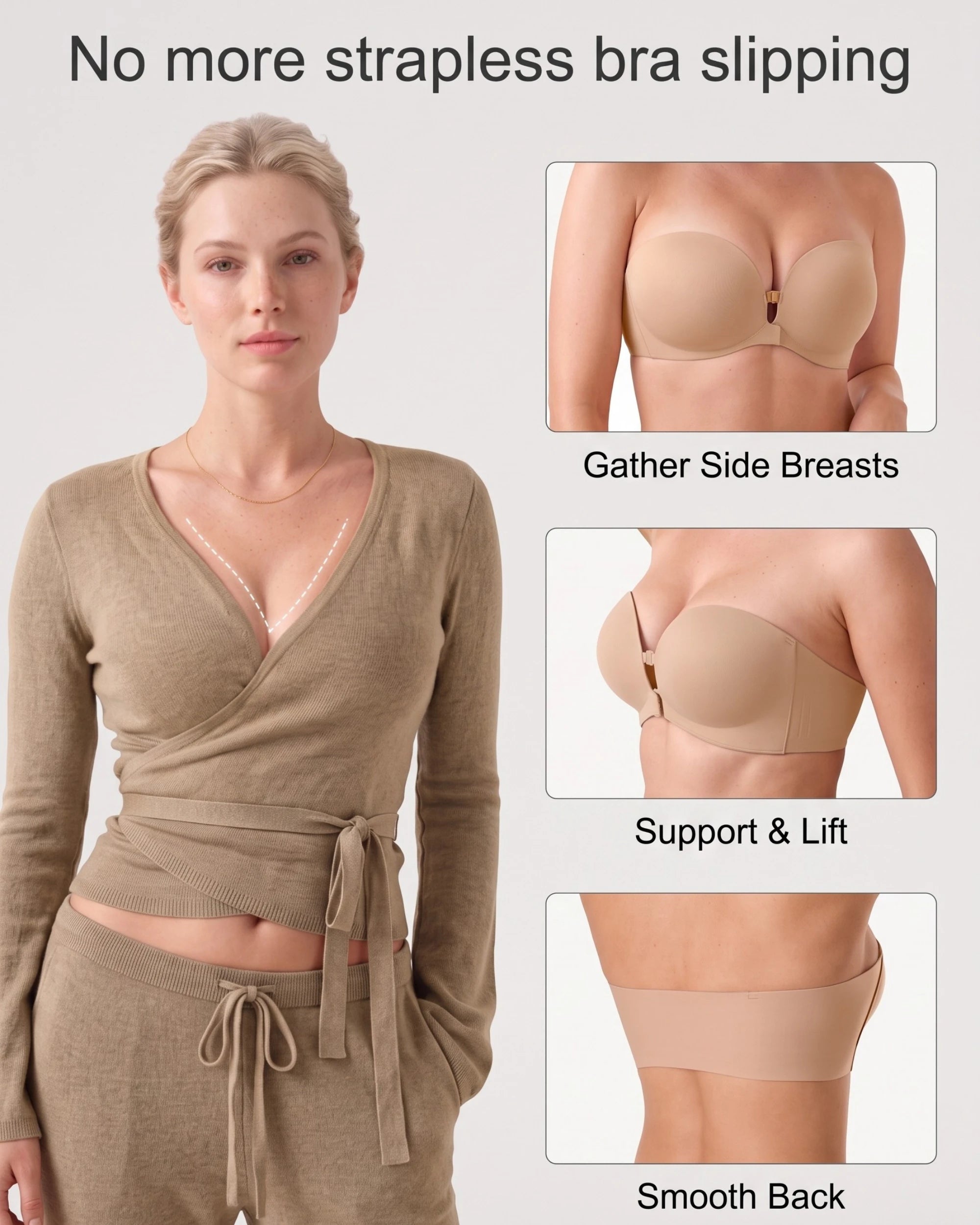 Soutien-gorge sans bretelles rembourré, sans armatures, à fermeture avant