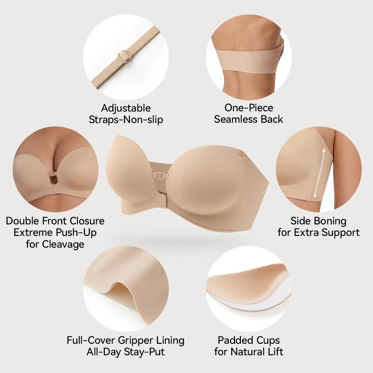 Front-Closure Wireless Padded Strapless Bra