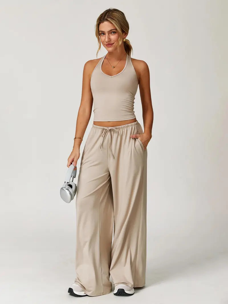 Halter Neck Top and Wide Leg Pants Two-Piece Set