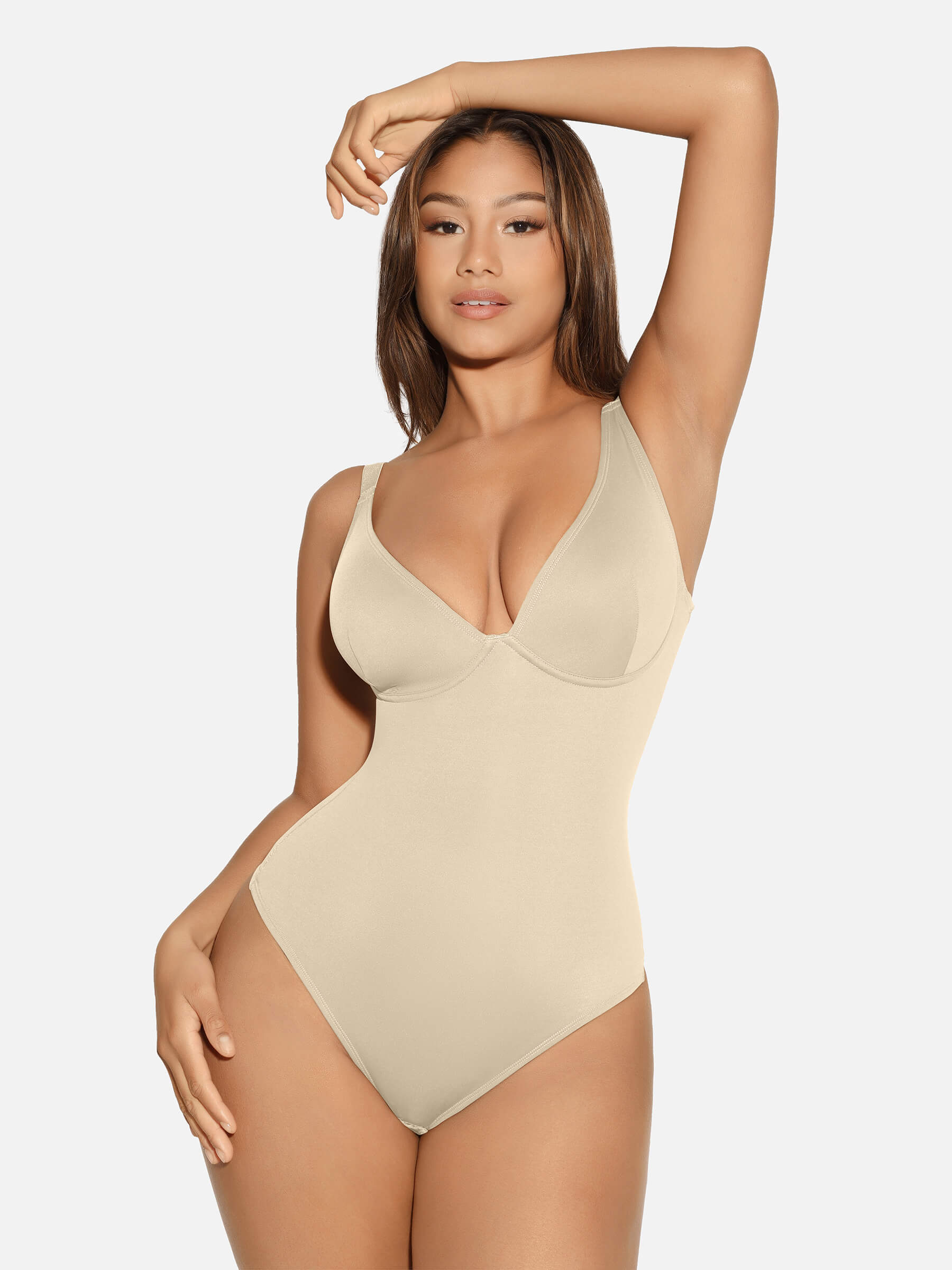 V-Neck Tummy Control Sculpt Bodysuit - V-neck Thong - Mocha Brown - View 74