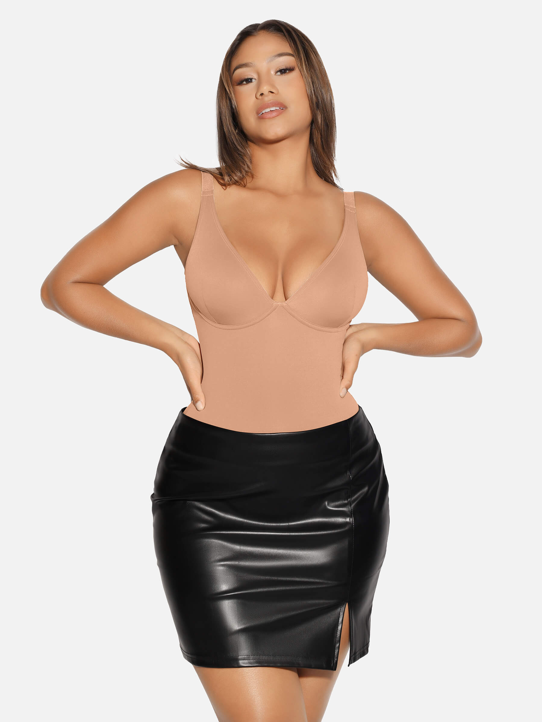 V-Neck Tummy Control Sculpt Bodysuit - V-neck Thong - Butter Cream - View 38