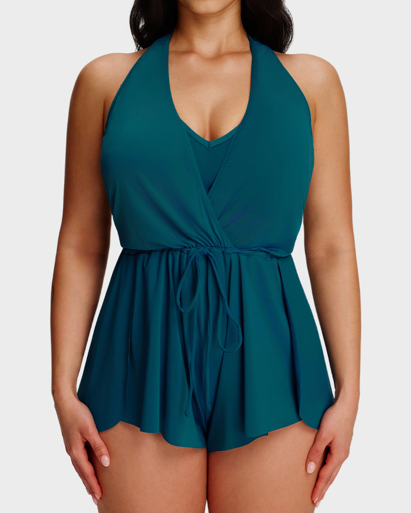 LilyCurve SculptFit AirLift Halter V-Neck Swim Romper in PK