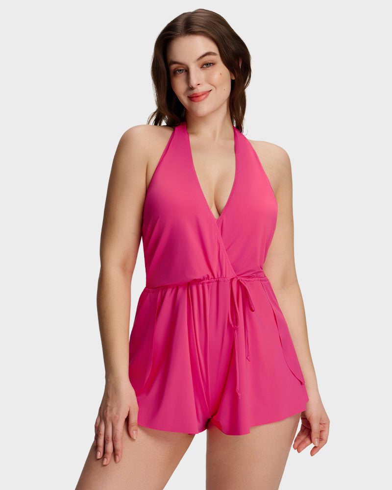 LilyCurve SculptFit AirLift Halter V-Neck Swim Romper in BK