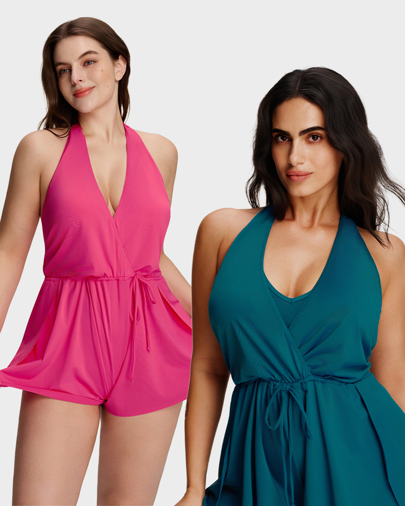 LilyCurve SculptFit AirLift Halter V-Neck Swim Romper in PK