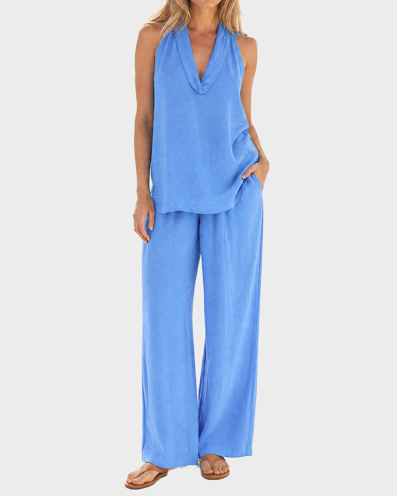 Halter V-Neck Two-Piece Set - White
