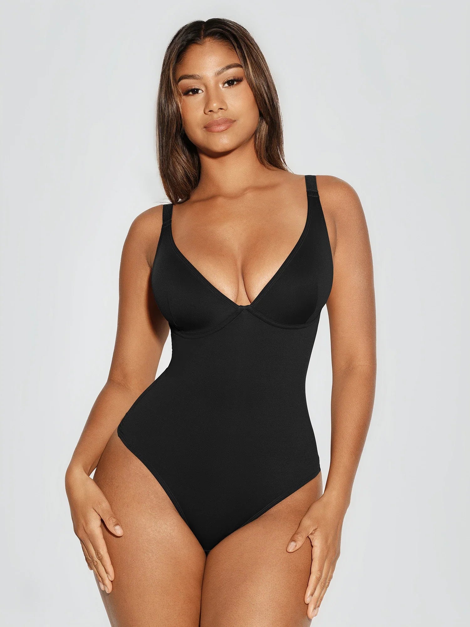 V-Neck Tummy Control Sculpt Bodysuit - V-neck Thong - Black - View 2