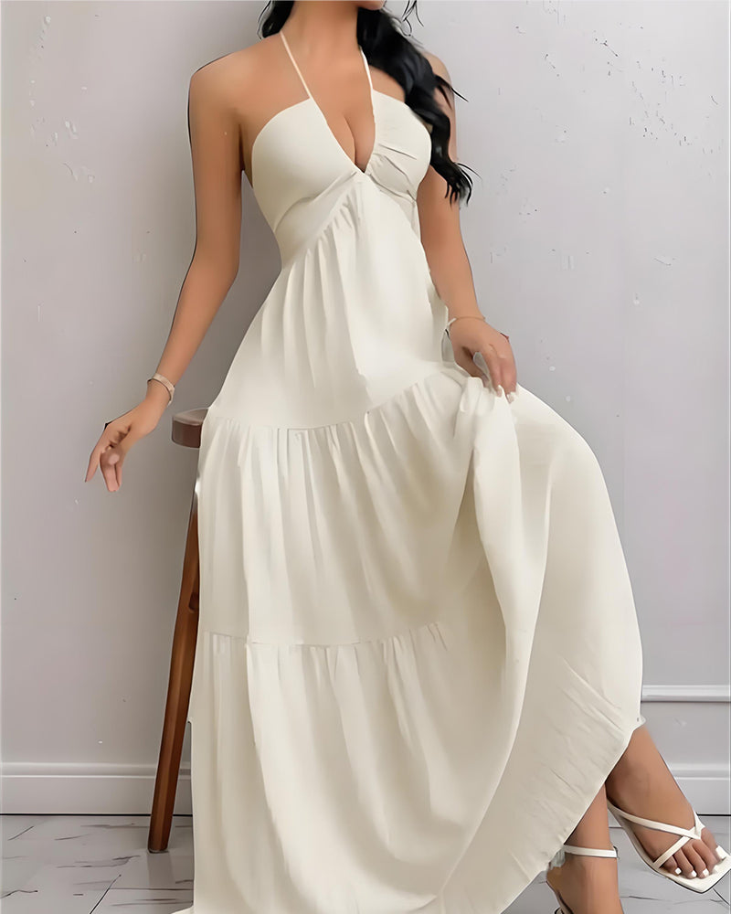 LilyCurve Minimalist Sleeveless Open-Back Halter Maxi Dress in NU