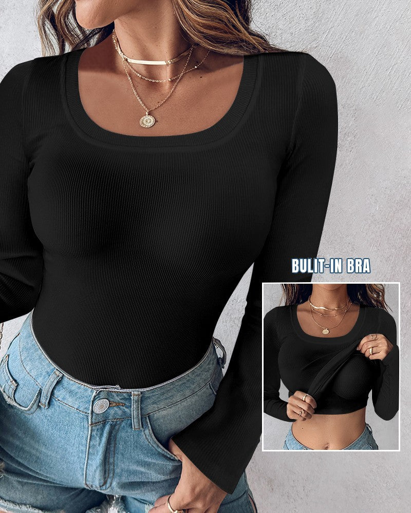 LilyCurve Long Sleeve Ribbed Fitted Top with Built-In Bra in BK
