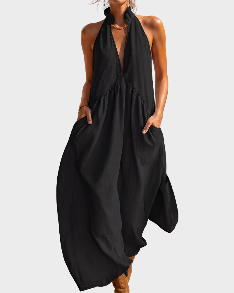 Slimming Flowy Halter Maxi Dress with Pockets - Blue