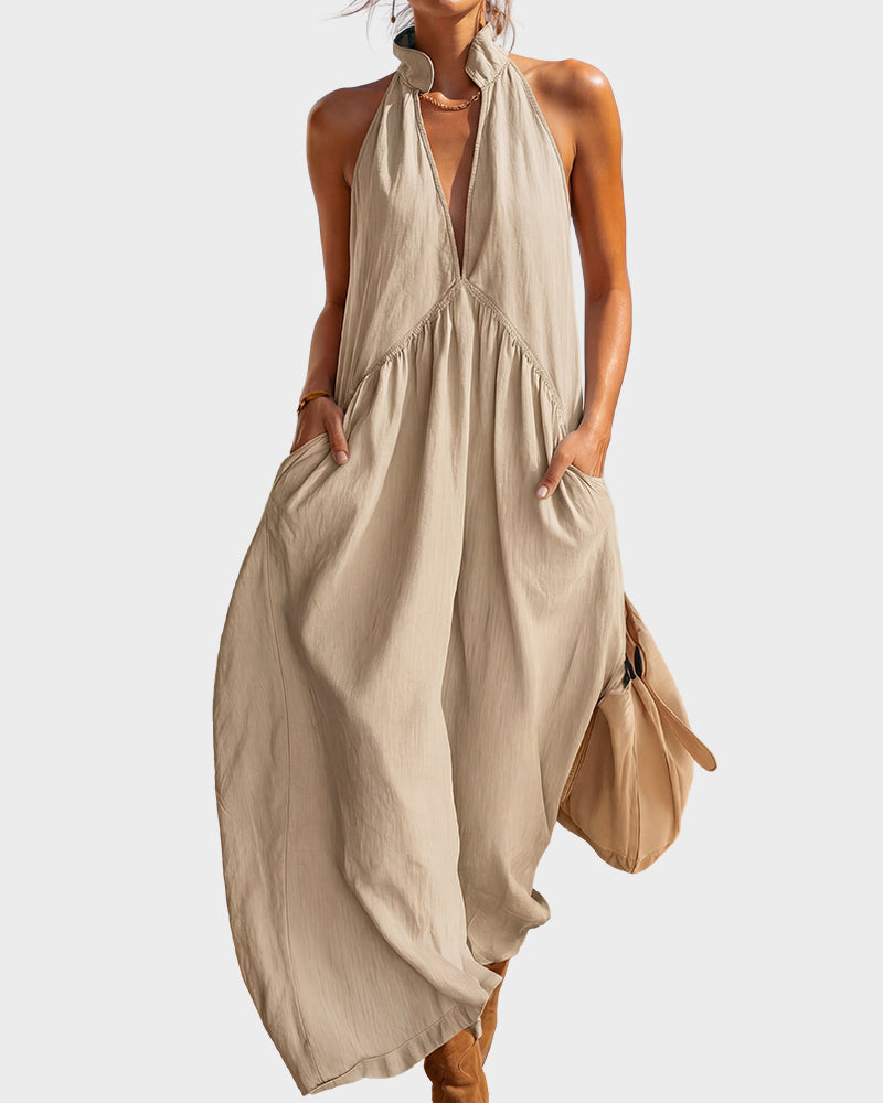 Slimming Flowy Halter Maxi Dress with Pockets - Blue