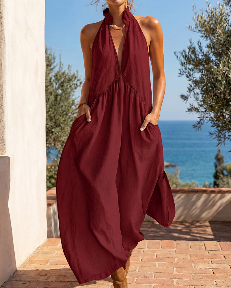 Slimming Flowy Halter Maxi Dress with Pockets - Black