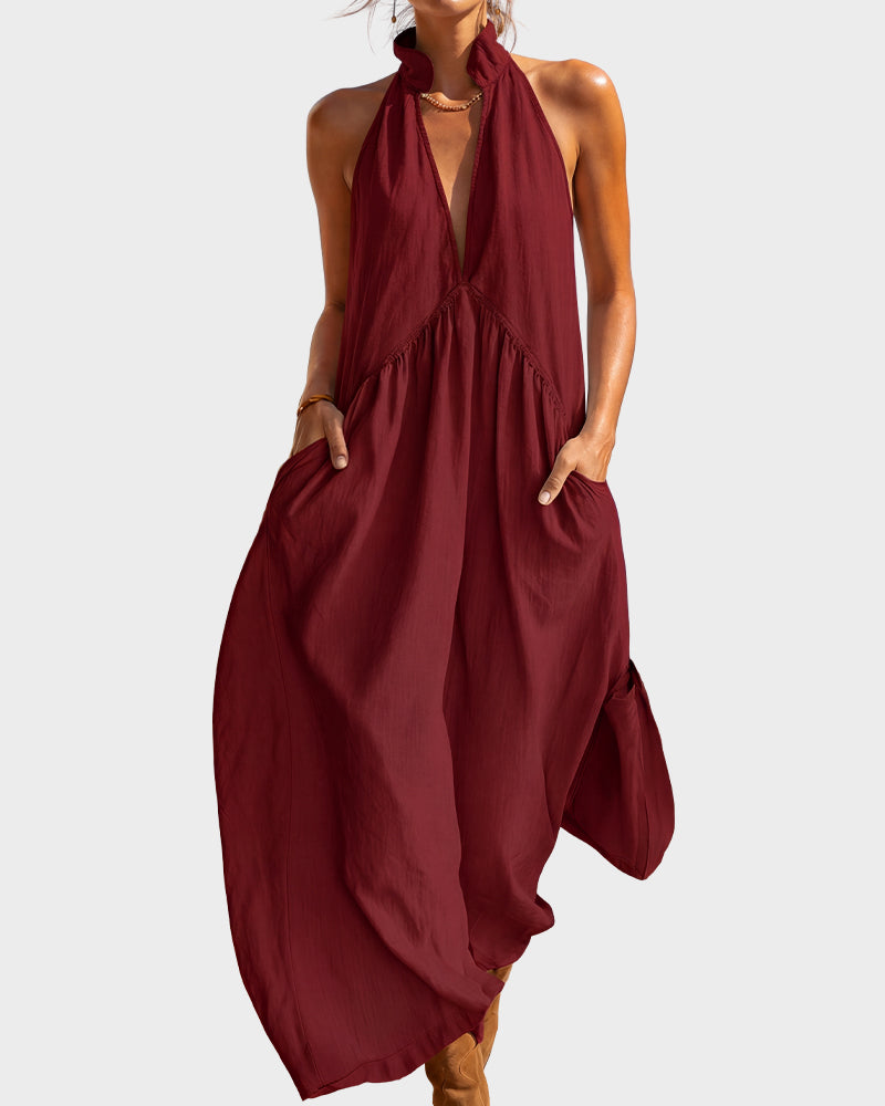 Slimming Flowy Halter Maxi Dress with Pockets - Blue