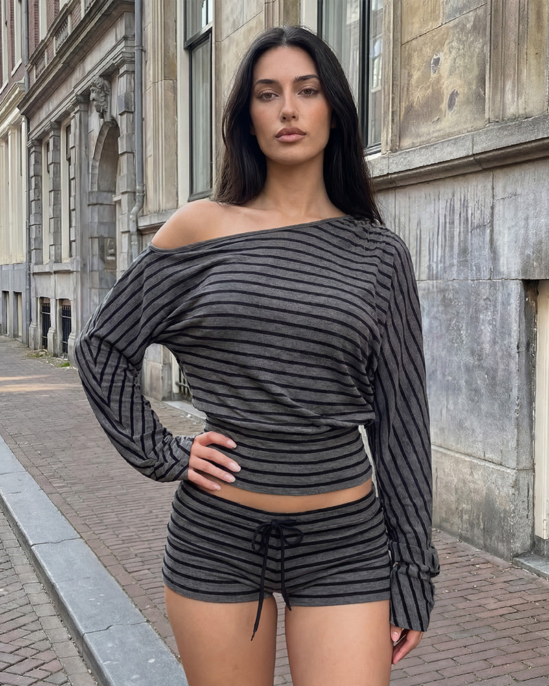 Stripe Batwing Loungewear Set - Dark Grey