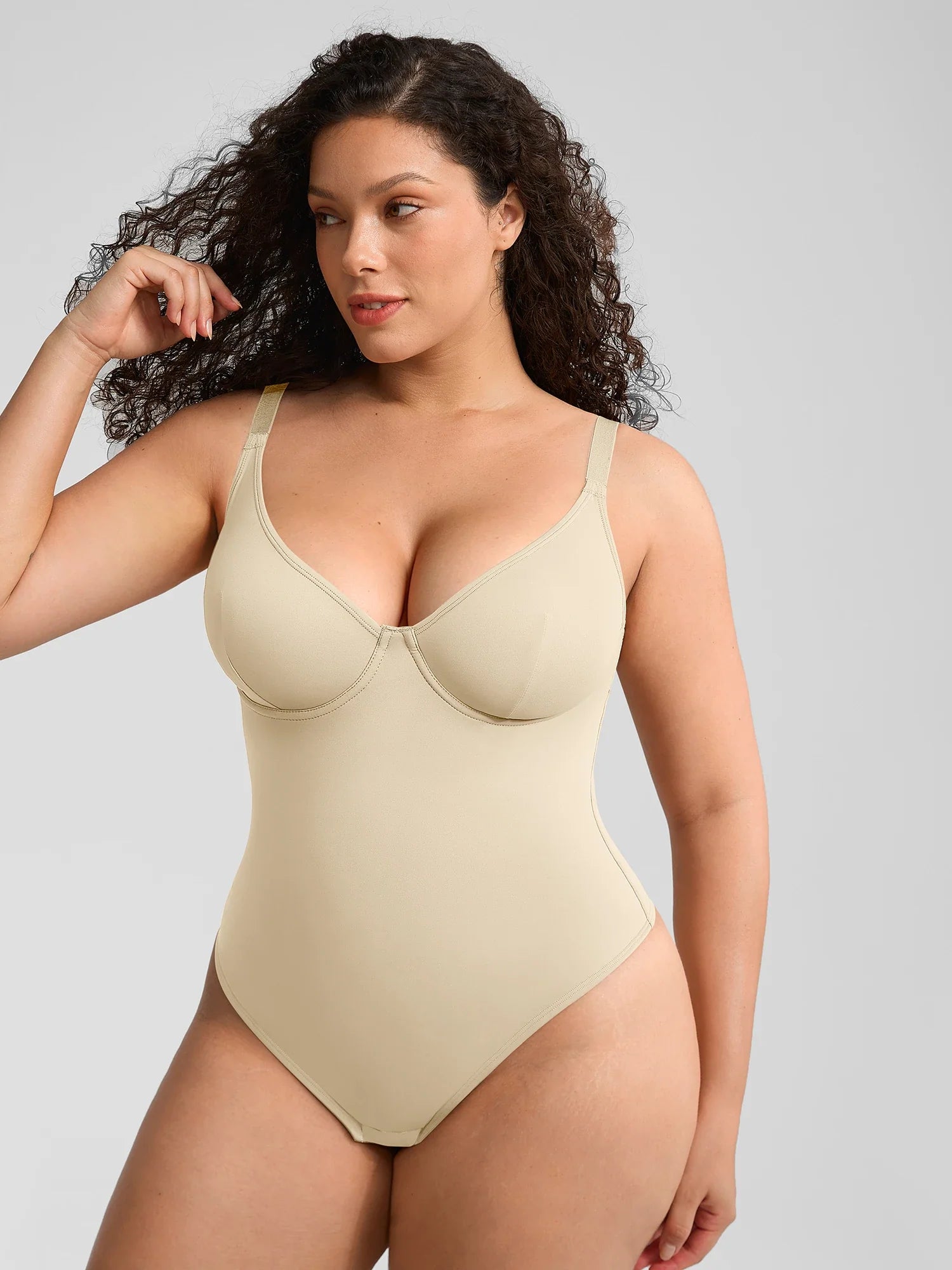 V-Neck Tummy Control Sculpt Bodysuit - V-neck Thong - Mocha Brown - View 76