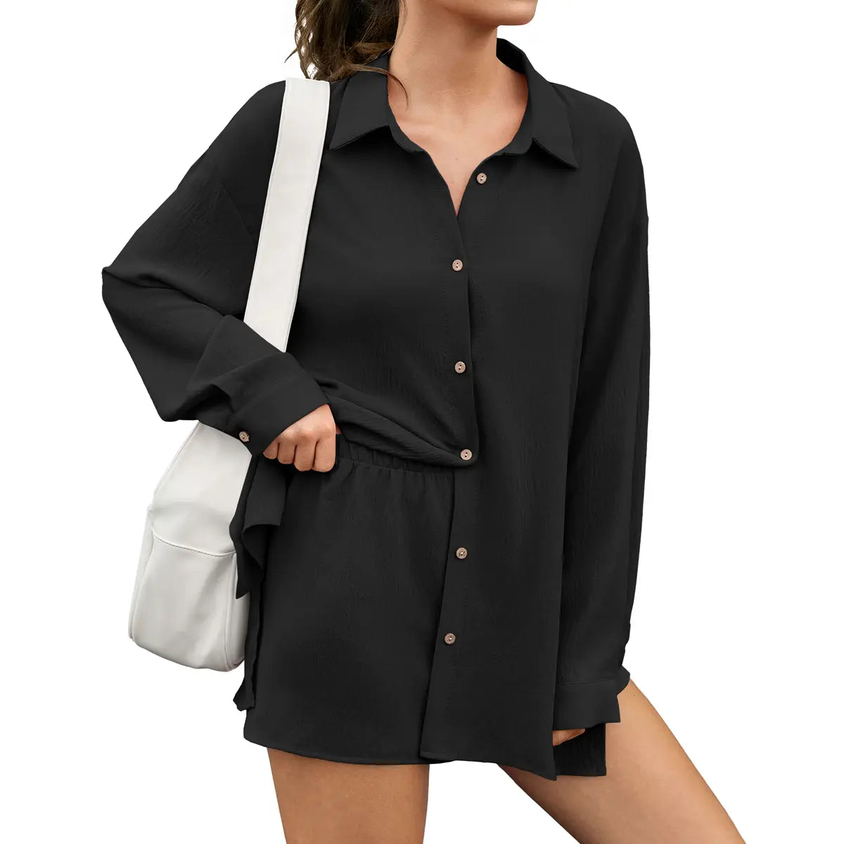 LilyCurve Gauze Shirt & Shorts 2-in-1 Button Connected Set - White