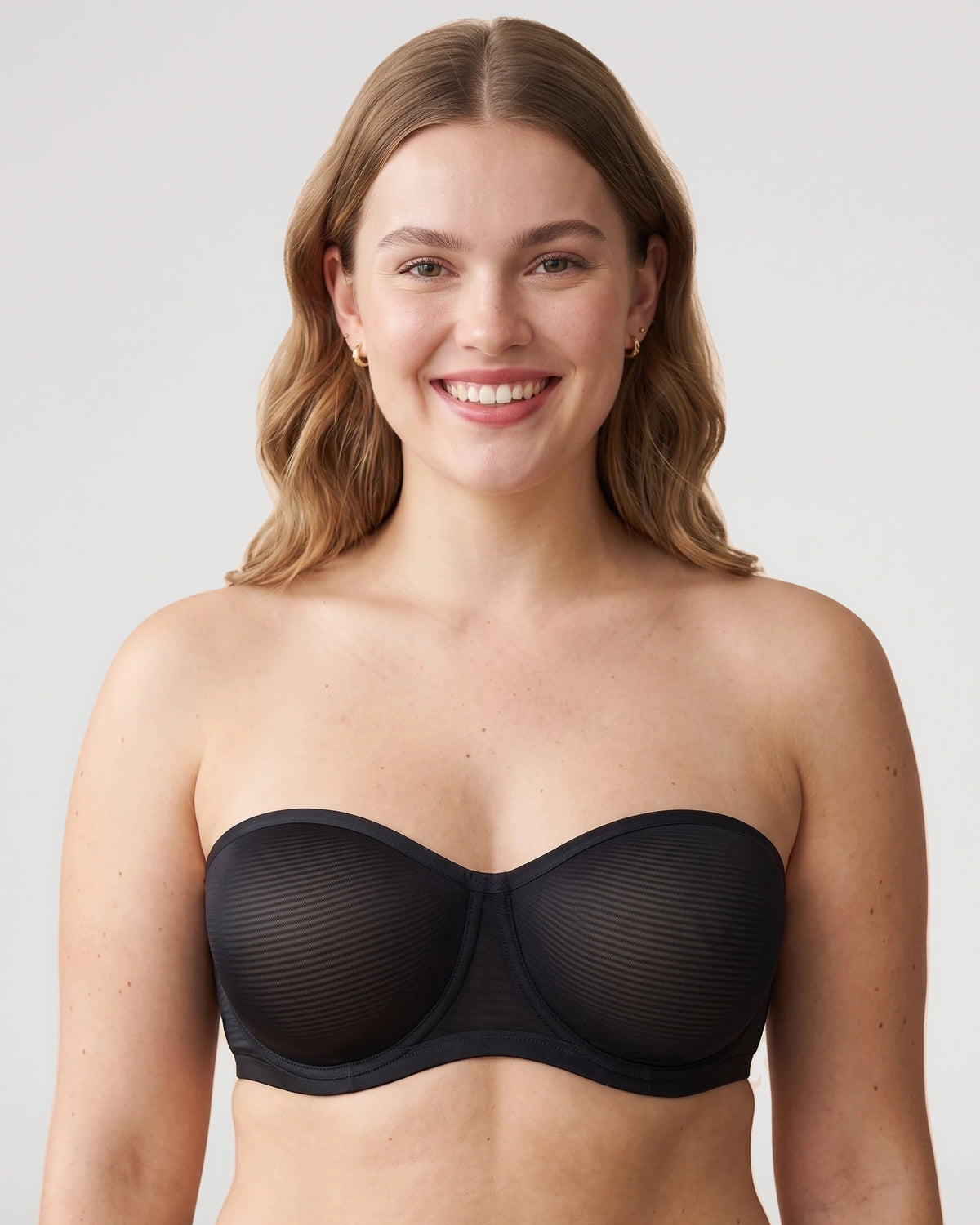 Studio fit image for the Sheer Mesh Unlined Underwire Strapless Balconette Bra | LilyCurve