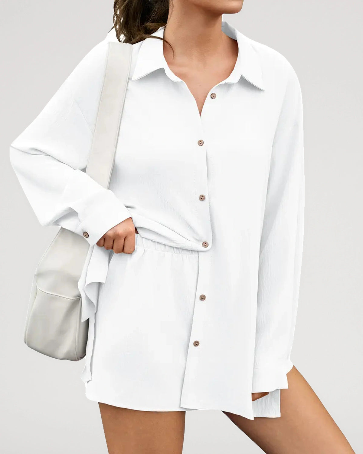 Close-up detail of the Textured Oversized Button Down Shirt And Shorts Set design | LilyCurve