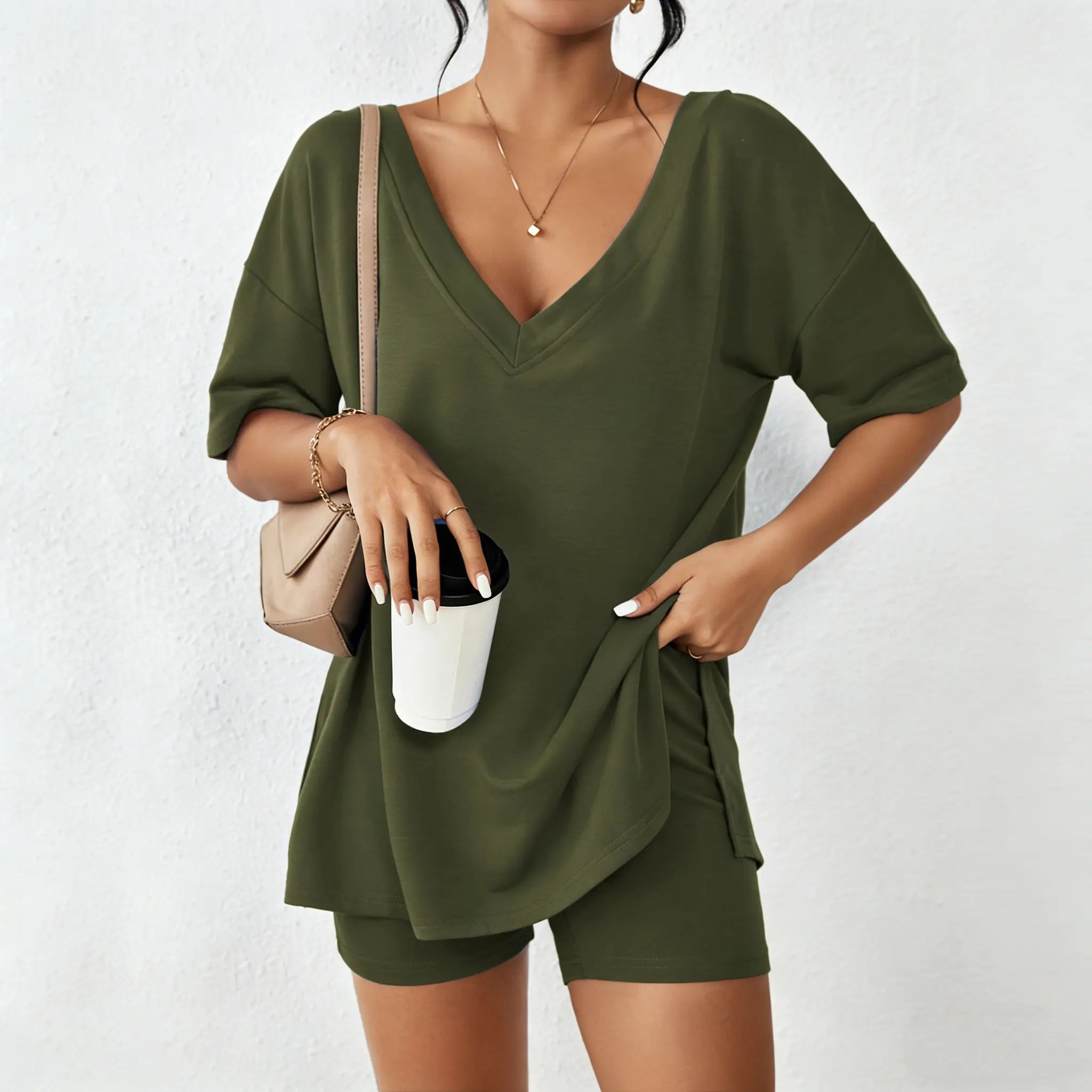 LilyCurve V-Neck Two-Piece Pajama Set - Oversized Split Hem Shirt & Biker Shorts - Army Green - View 3
