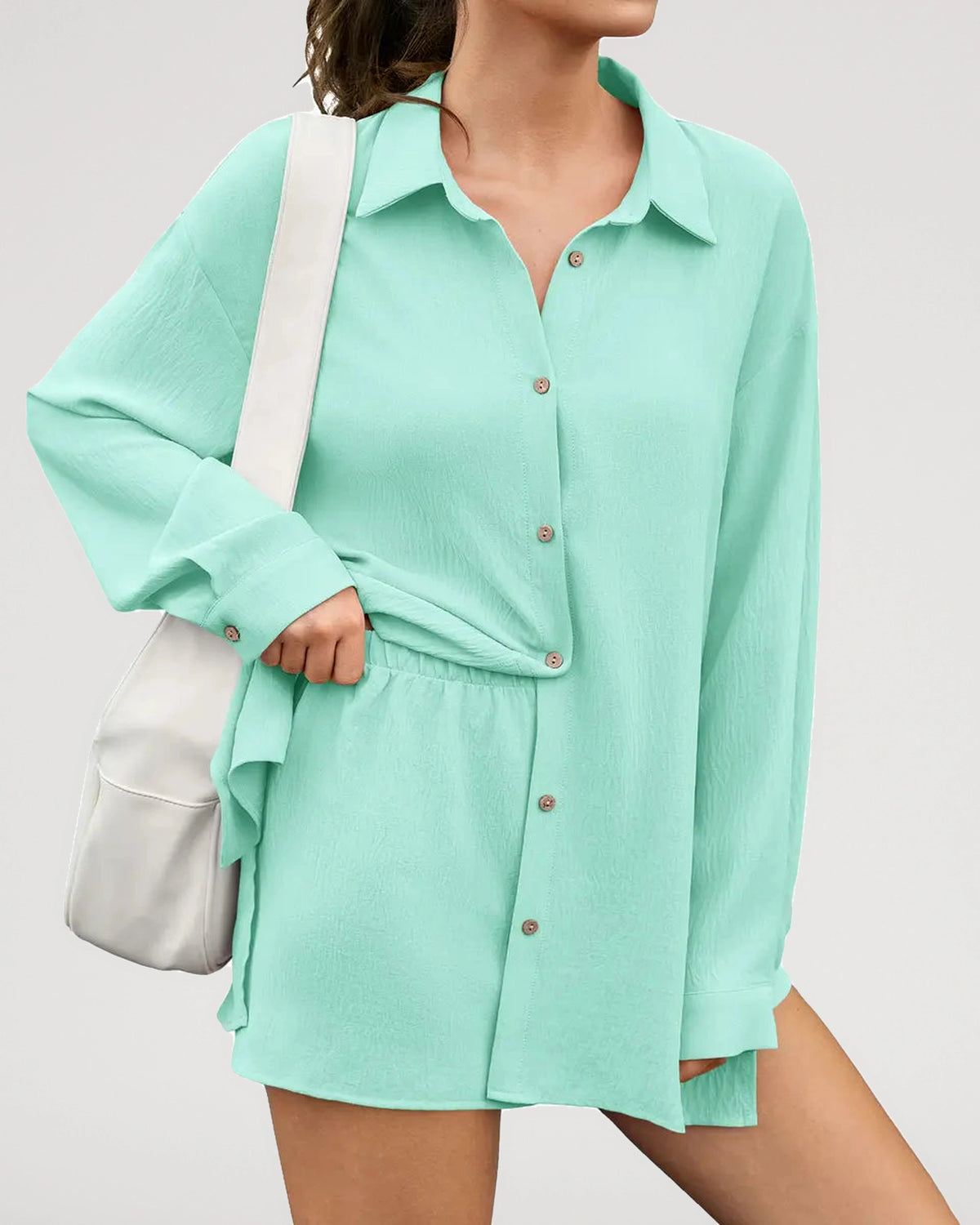Studio fit image for the Textured Oversized Button Down Shirt And Shorts Set | LilyCurve