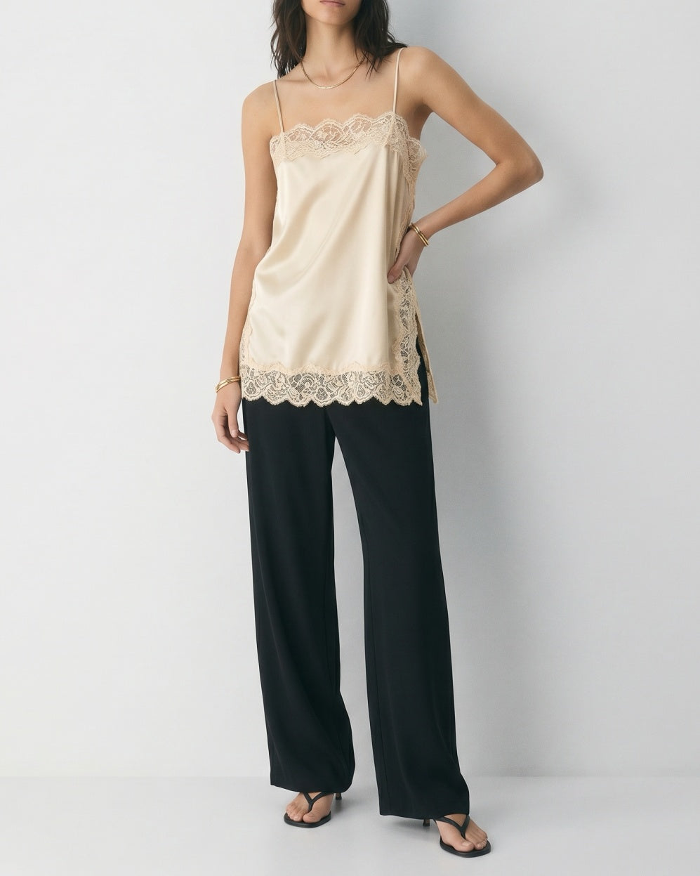Contrast Black Lace Trim Satin Camisole Top