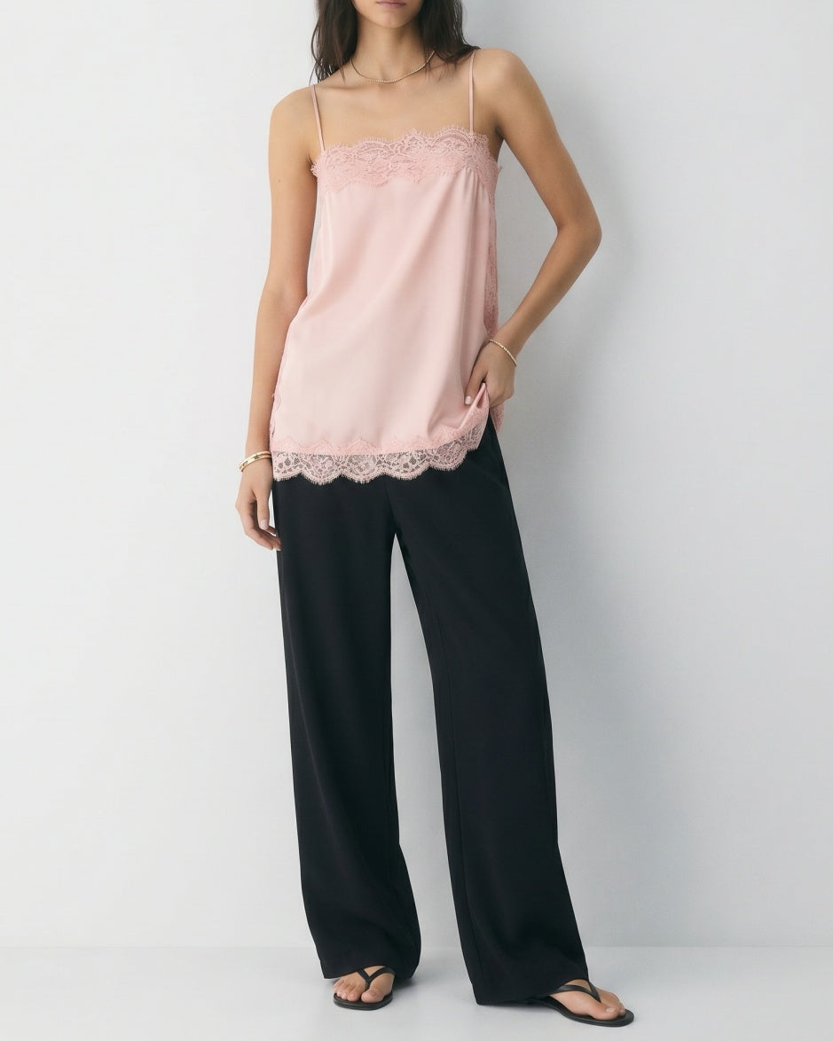 Contrast Black Lace Trim Satin Camisole Top