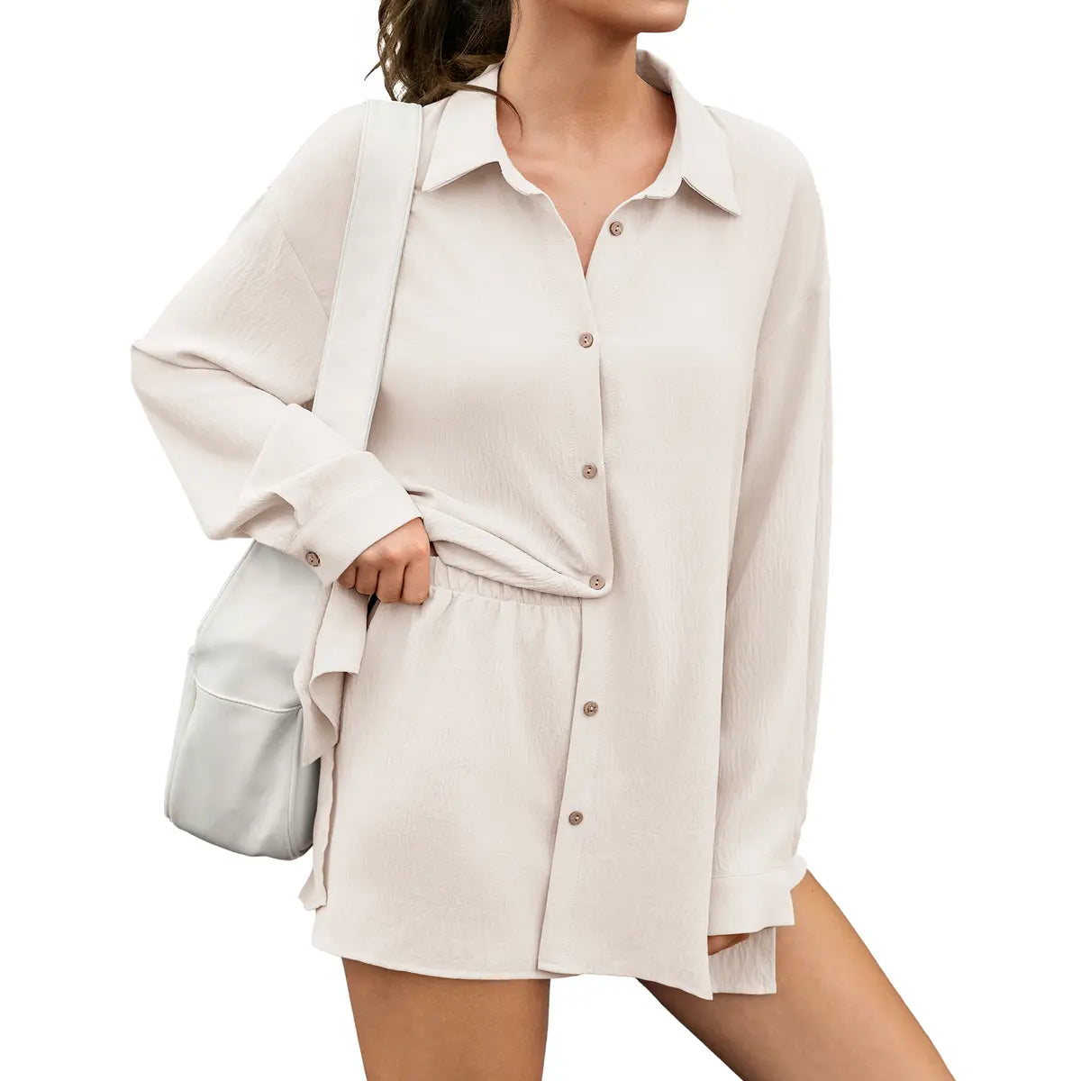 LilyCurve Gauze Shirt & Shorts 2-in-1 Button Connected Set - Black