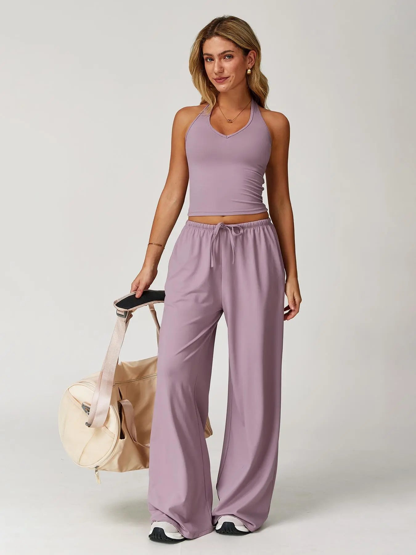 LilyCurve Halter Neck Top & Wide Leg Pants Sports Set - Coral Pink