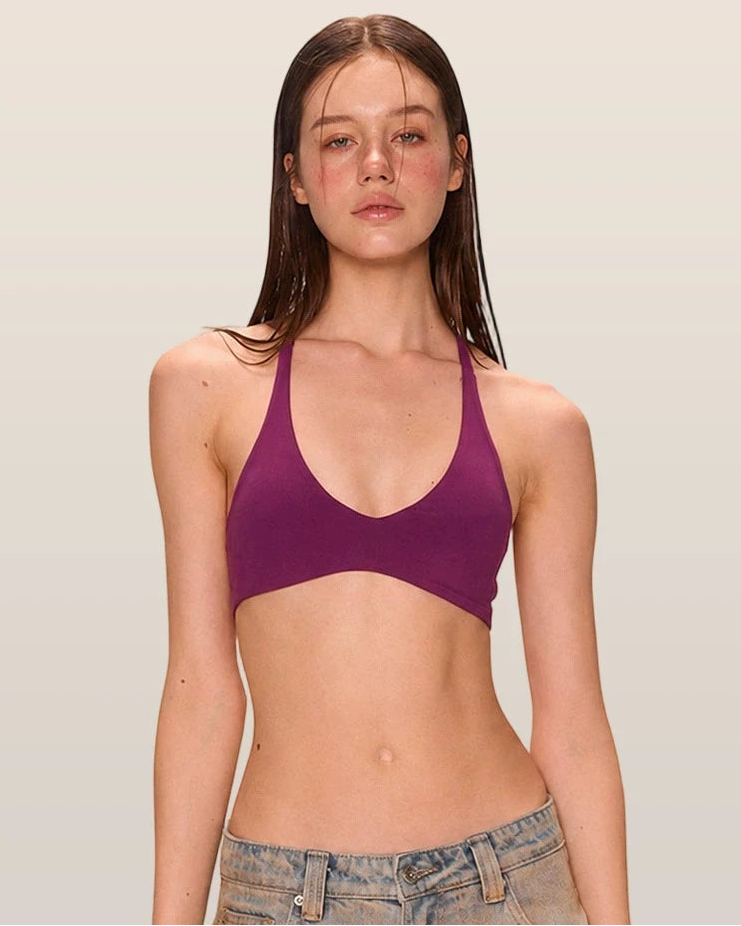 Wireless Triangle Plunge Bra Halter Open Back Backless Tie Bandeau