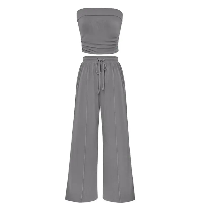 Ribbed Strapless Bandeau and High Waist Wide Leg Pants Two-Piece Set