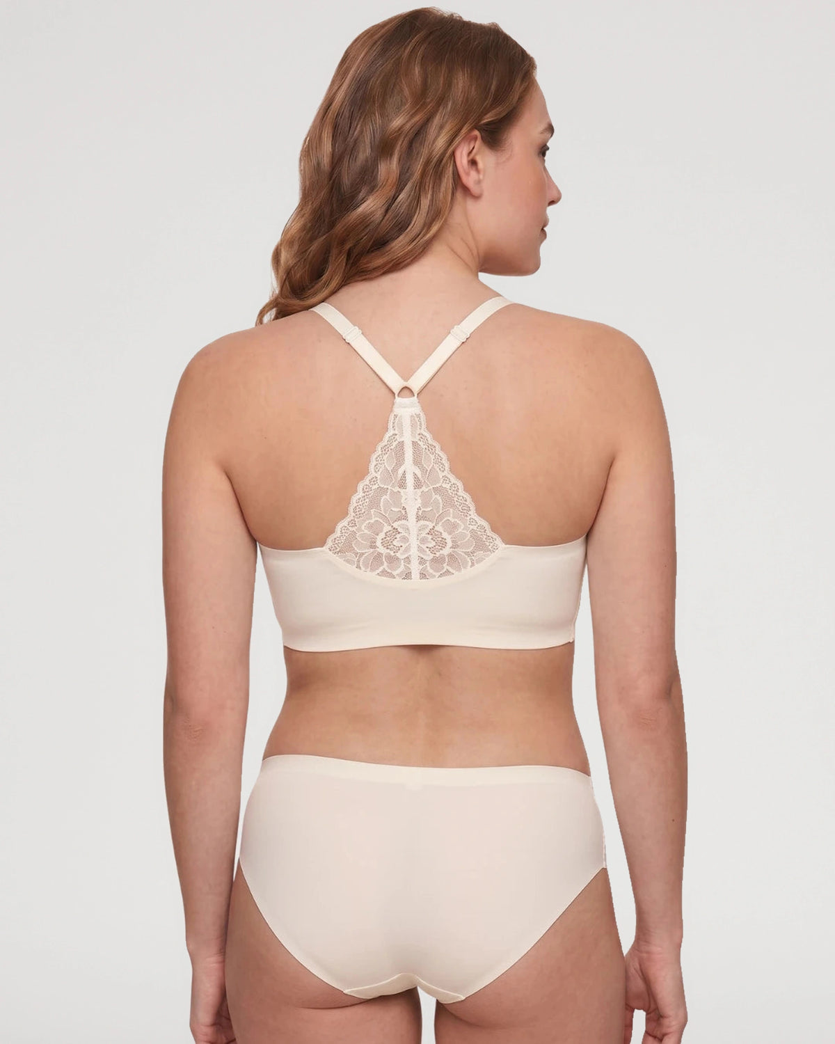 Front fit view of the Lace Back Deep V Wireless Jelly Bralette | LilyCurve