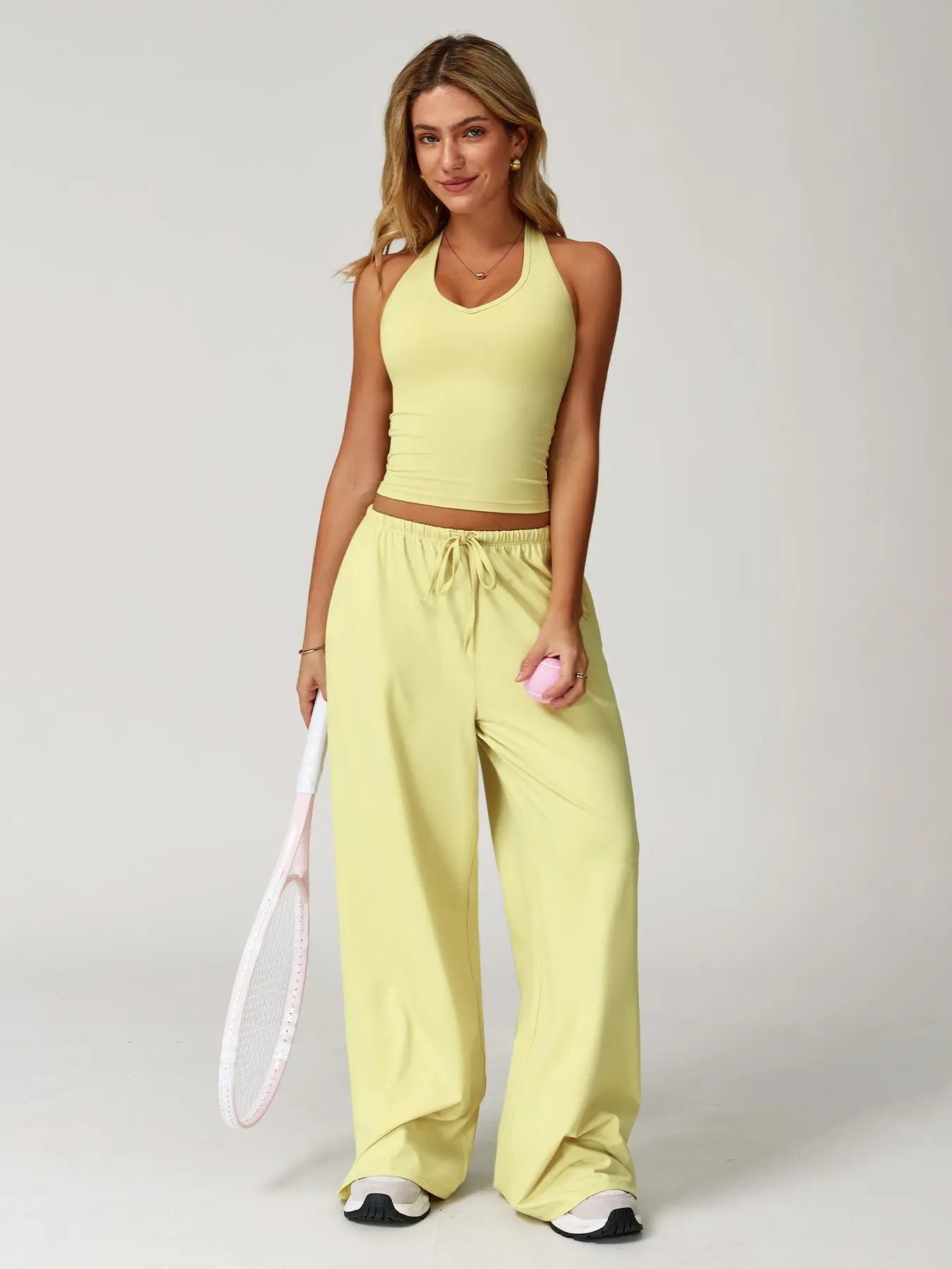 LilyCurve Halter Neck Top & Wide Leg Pants Sports Set - Clear blue sky