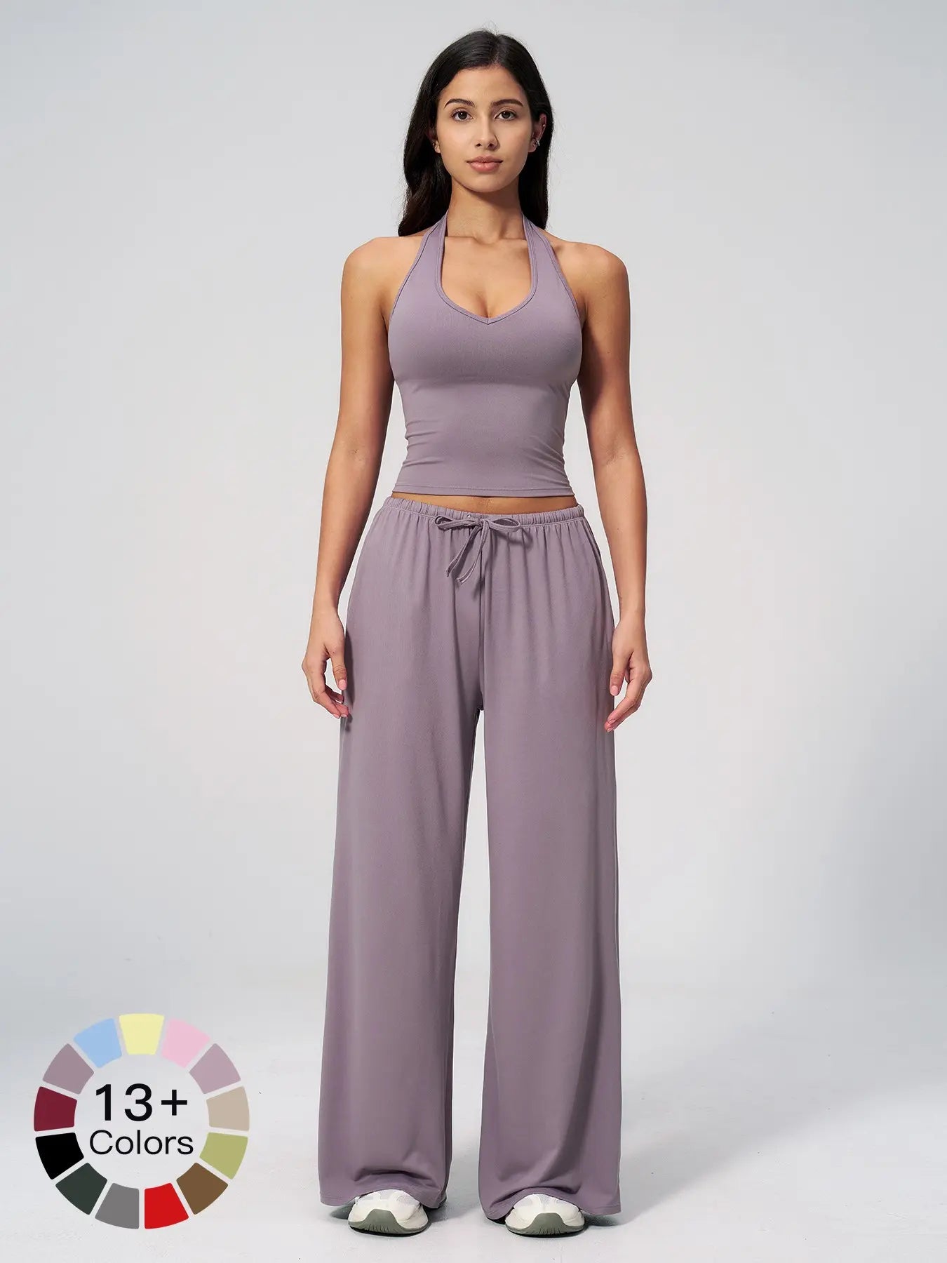 LilyCurve Halter Neck Top & Wide Leg Pants Sports Set - Jet Black