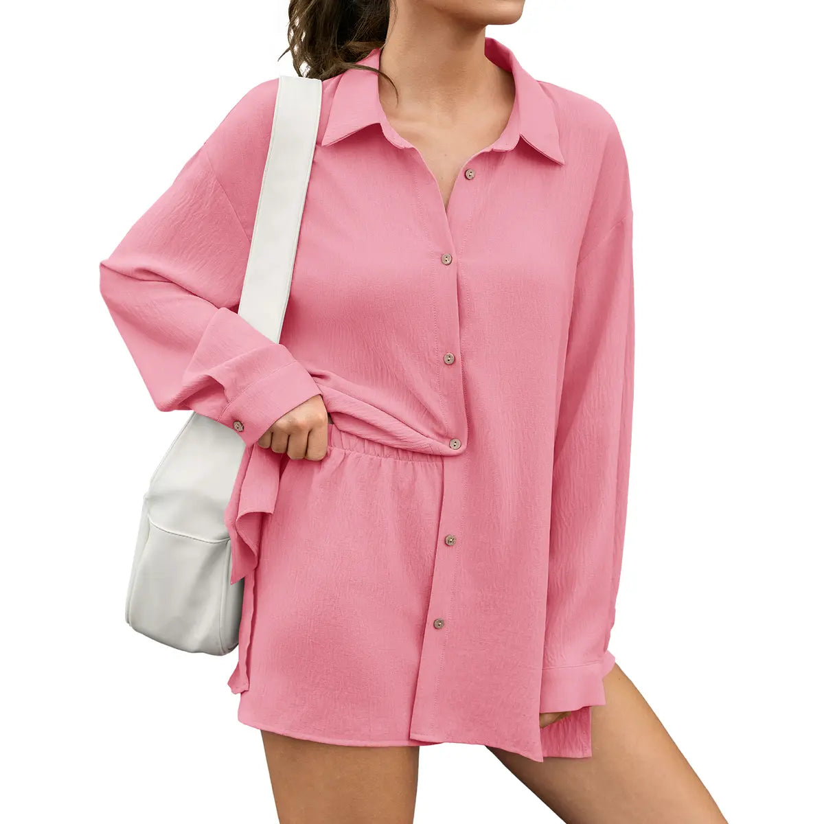 LilyCurve Gauze Shirt & Shorts 2-in-1 Button Connected Set - White