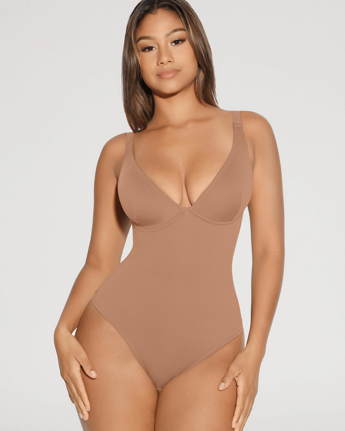 Close-up detail of the V Neck Tummy Control Sculpt Bodysuit design | LilyCurve