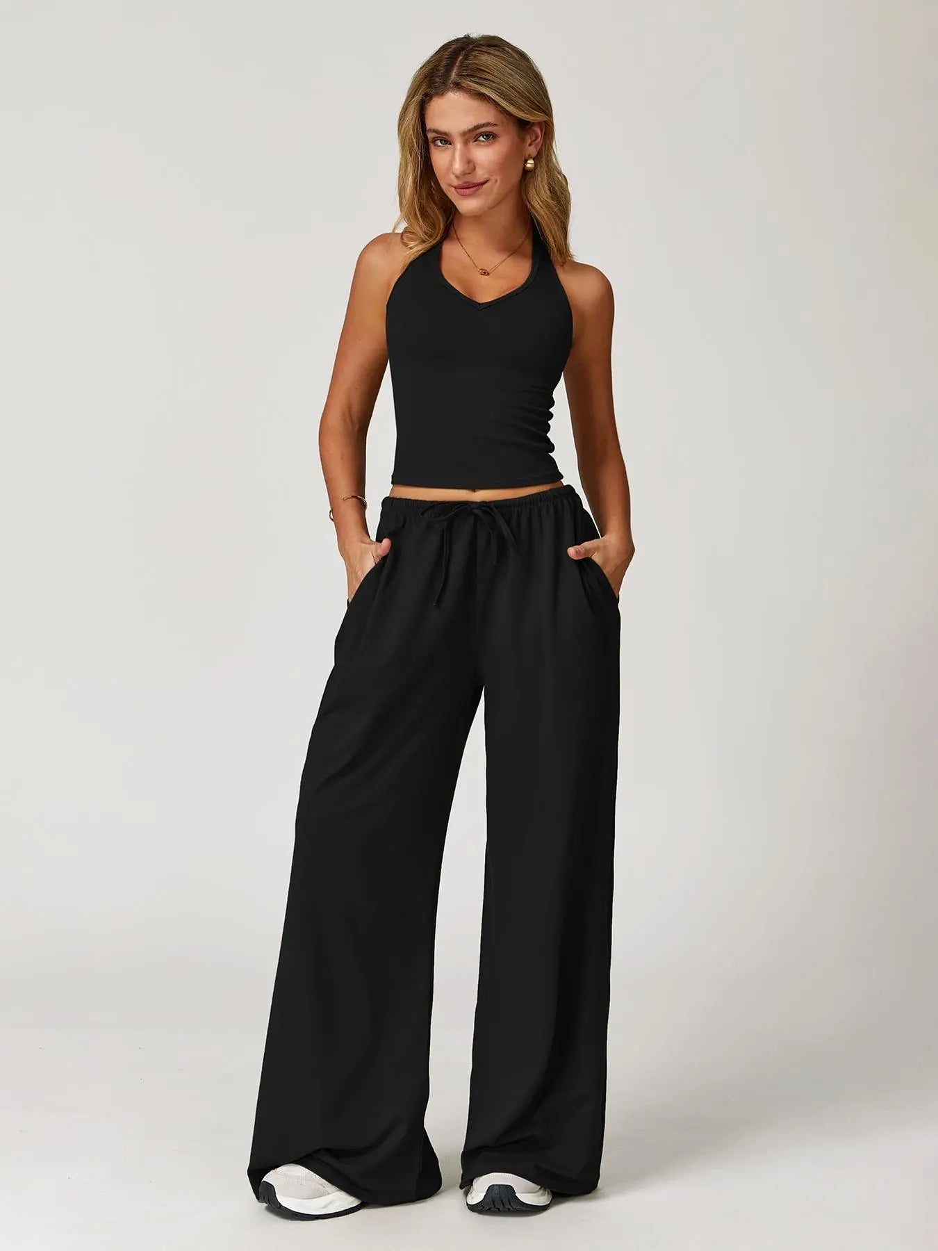 LilyCurve Halter Neck Top & Wide Leg Pants Sports Set - Clear blue sky