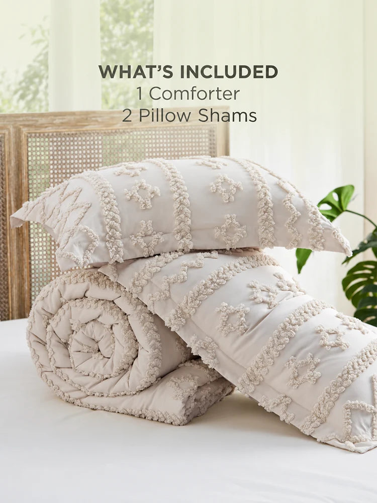 Boho Tufted Embroidery Comforter Set Soft Breathable 3 Piece Bedding Set