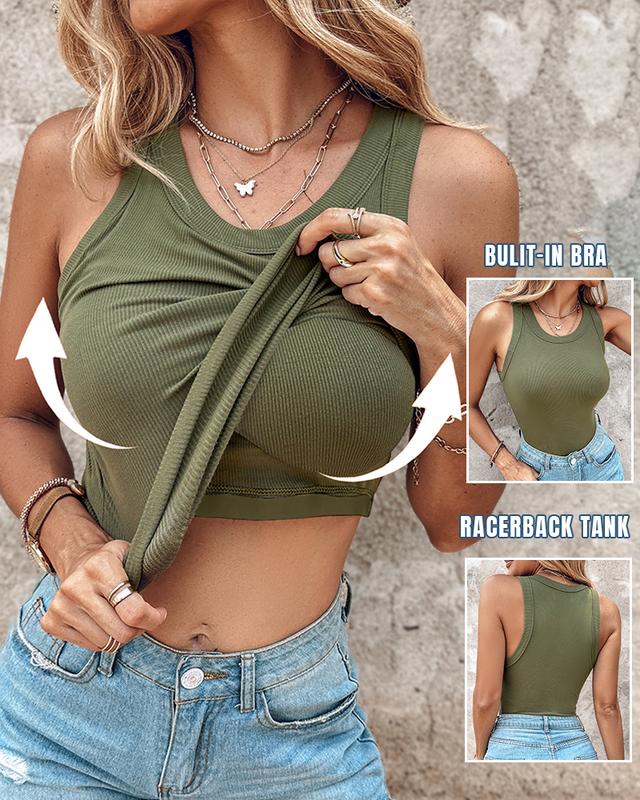 LilyCurve Tank Top with Built in Bra, Round Neck Ribbed Tank Top with Bra Pads in BK