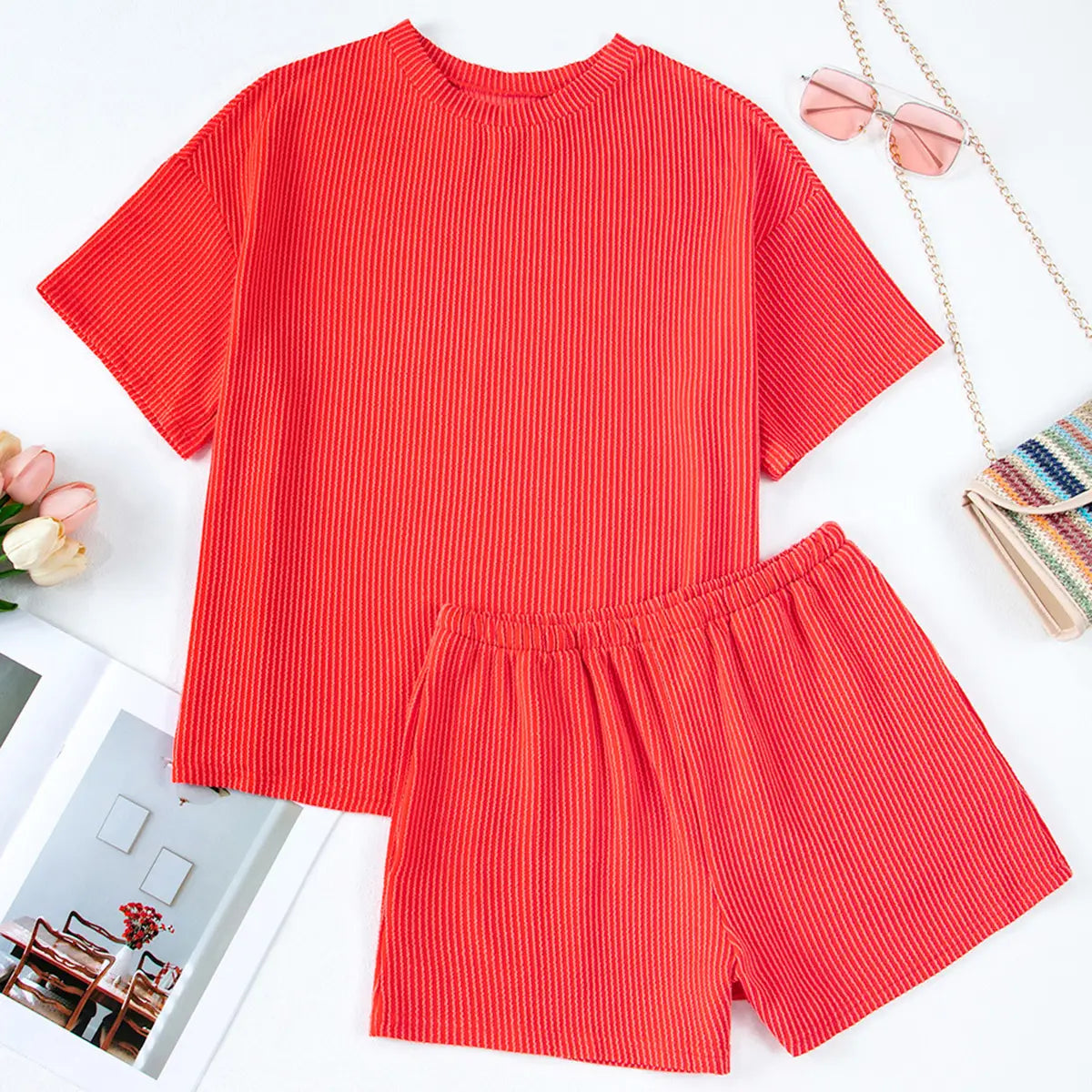 LilyCurve Twisted Thread 2-Piece Lounge Set - Short Sleeve Shirt & Shorts with Pockets - View 19